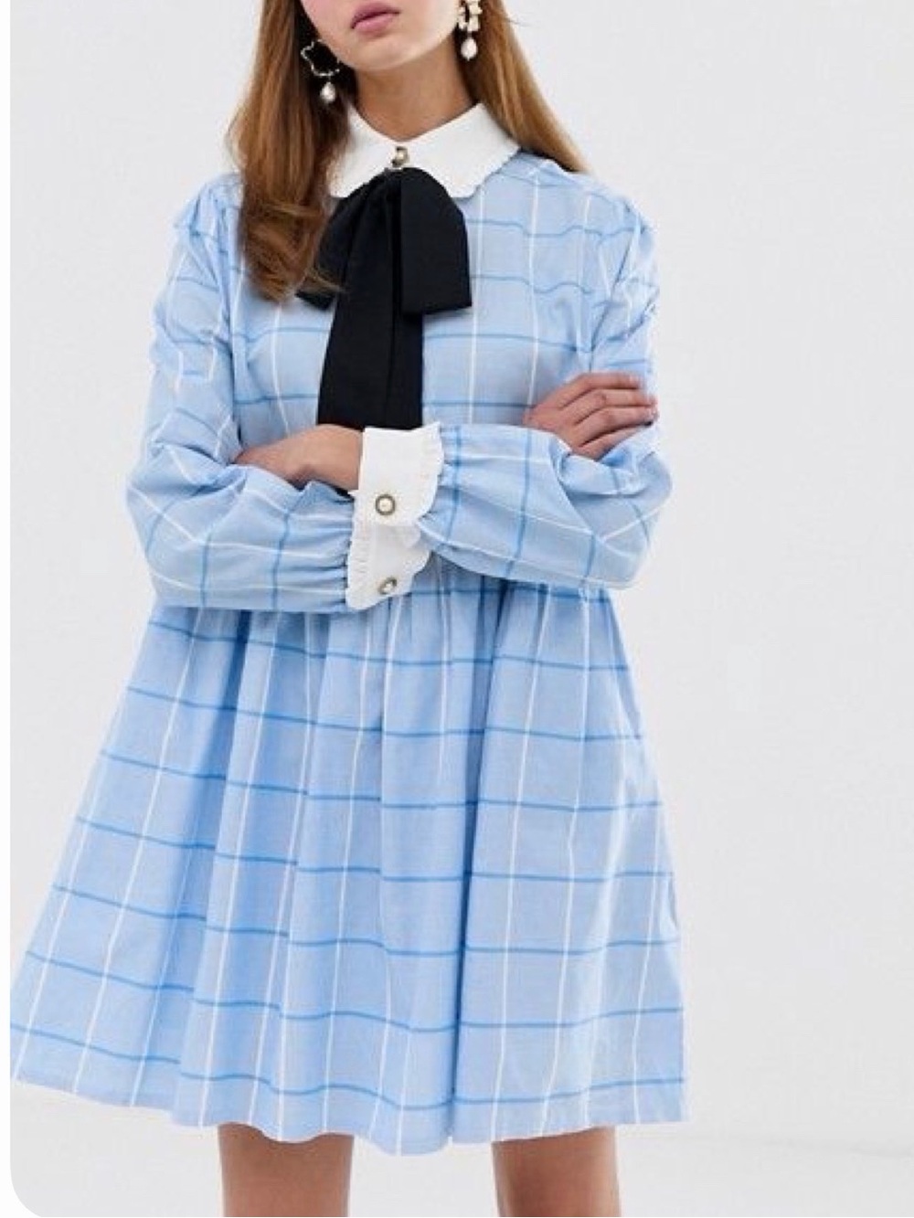 BNWT Sister Jane Blue Smock Dress with Black Tie and White Ruffle Collar|Size XL